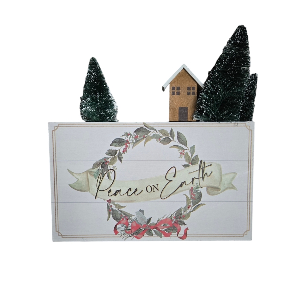 8" Peace on Earth Tabletop Block Sign Decor Pine Christmas Trees & Wooden Hose